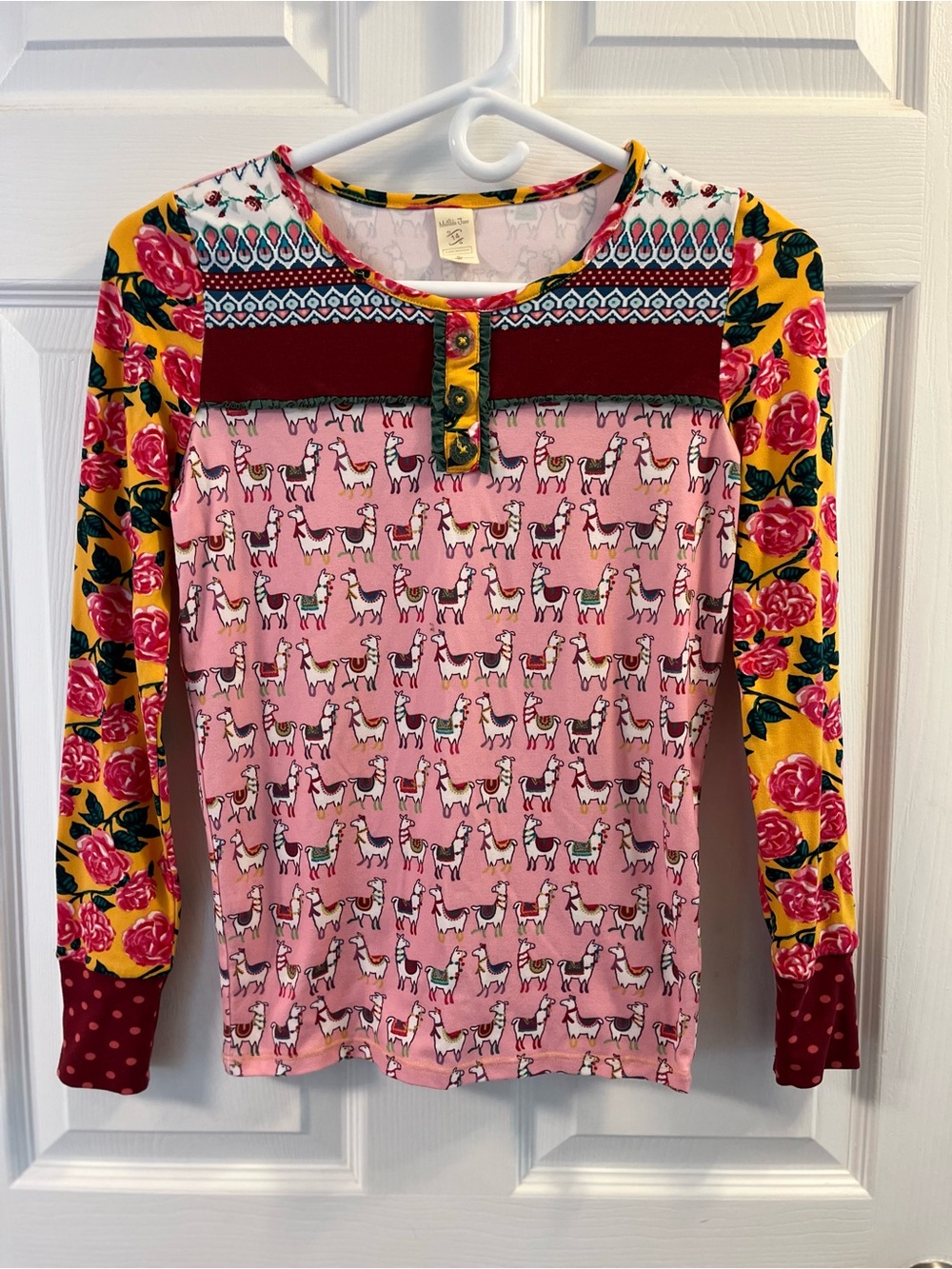 Matilda Jane Pink Llama Print Long Sleeve Top with Yellow Floral Sleeves size 14